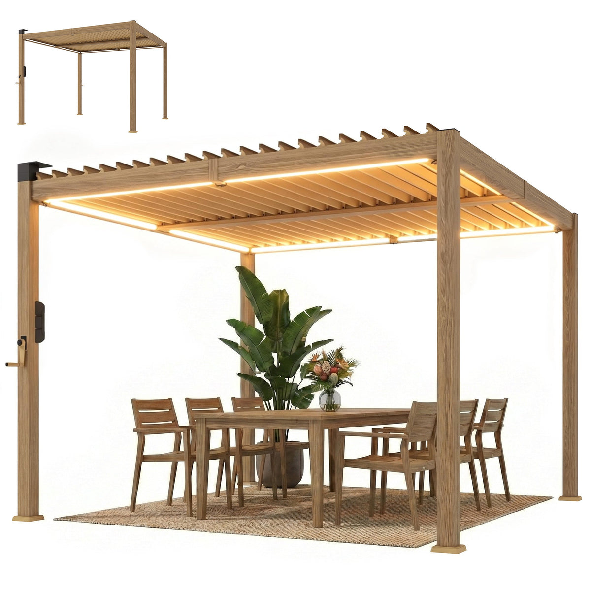 10' x 10' Louvered Pergola with Solar LED Lights and Adjustable Roof, Brown — product view 1