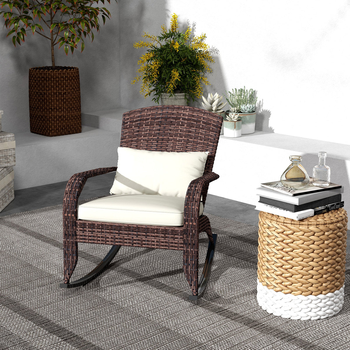 Wicker Adirondack Rocking Chair with Cushion and Pillow, Cream White/Brown — product view 4