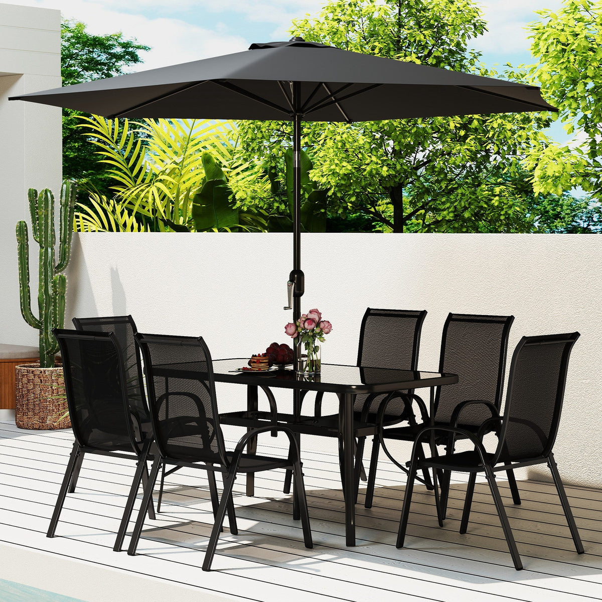 8-Piece Patio Dining Set with 9 Ft Umbrella, Black — product view 4