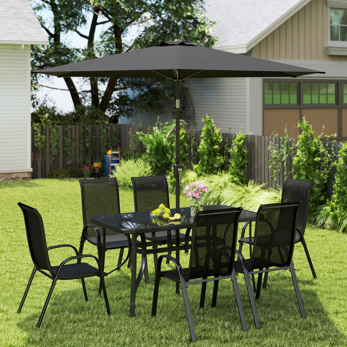 8-Piece Patio Dining Set with 9 Ft Umbrella, Black — product view 3