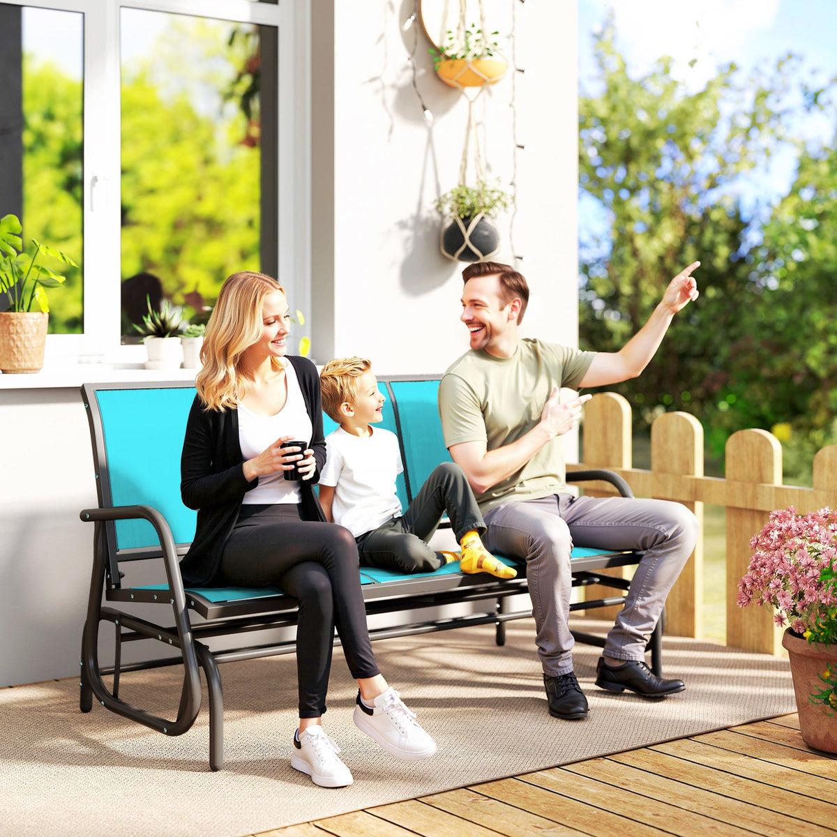 3-Seat Outdoor Glider Bench with Mesh Seat and Steel Frame, Blue — product view 3