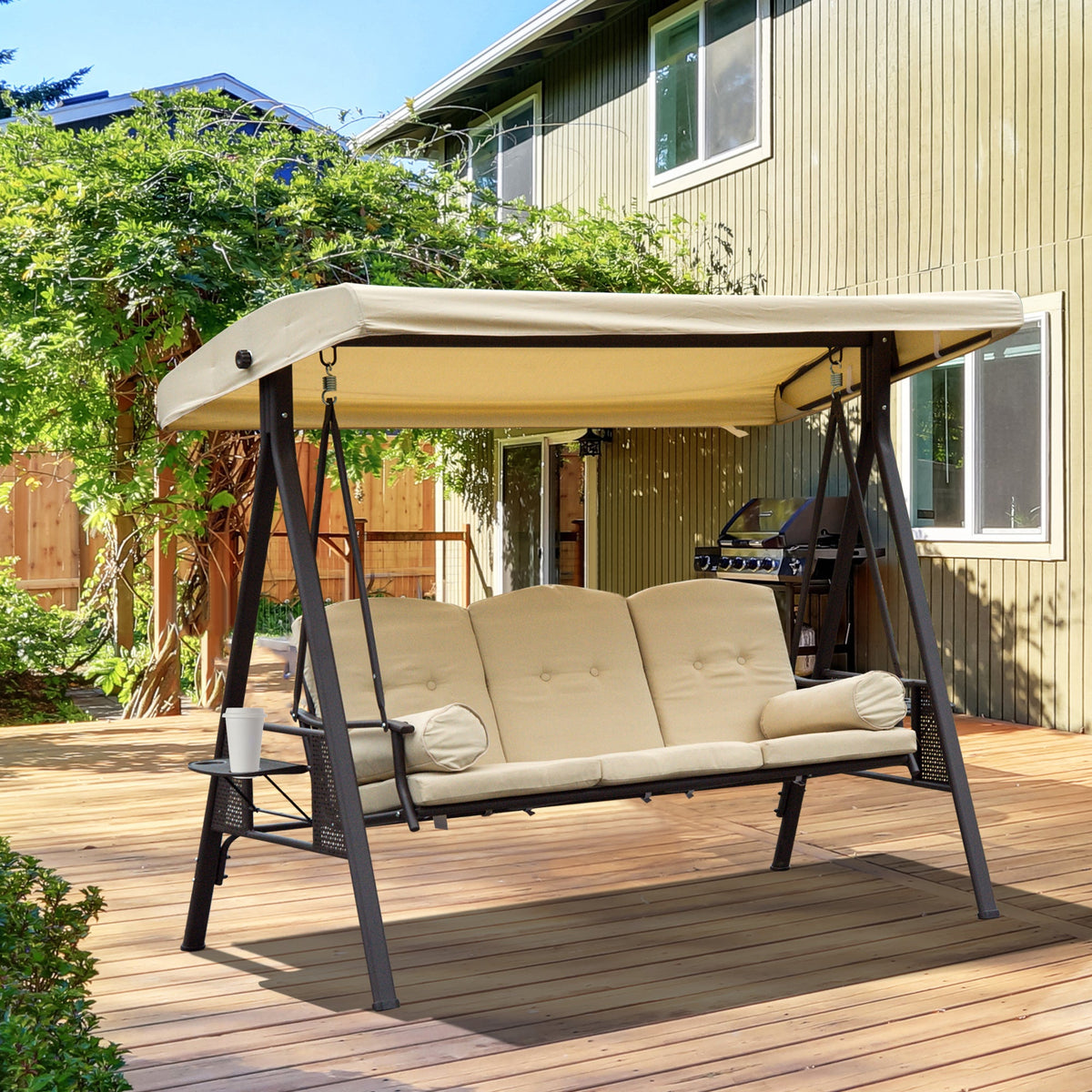 3 Seater Canopy Swing Chair with Cushions & Cup Trays, Beige — product view 3