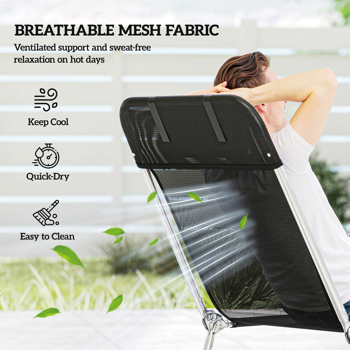 Folding Chaise Lounge Chair with Reclining Back, Breathable Mesh Seat, Headrest for Beach, Yard, Patio, Black — product view 7