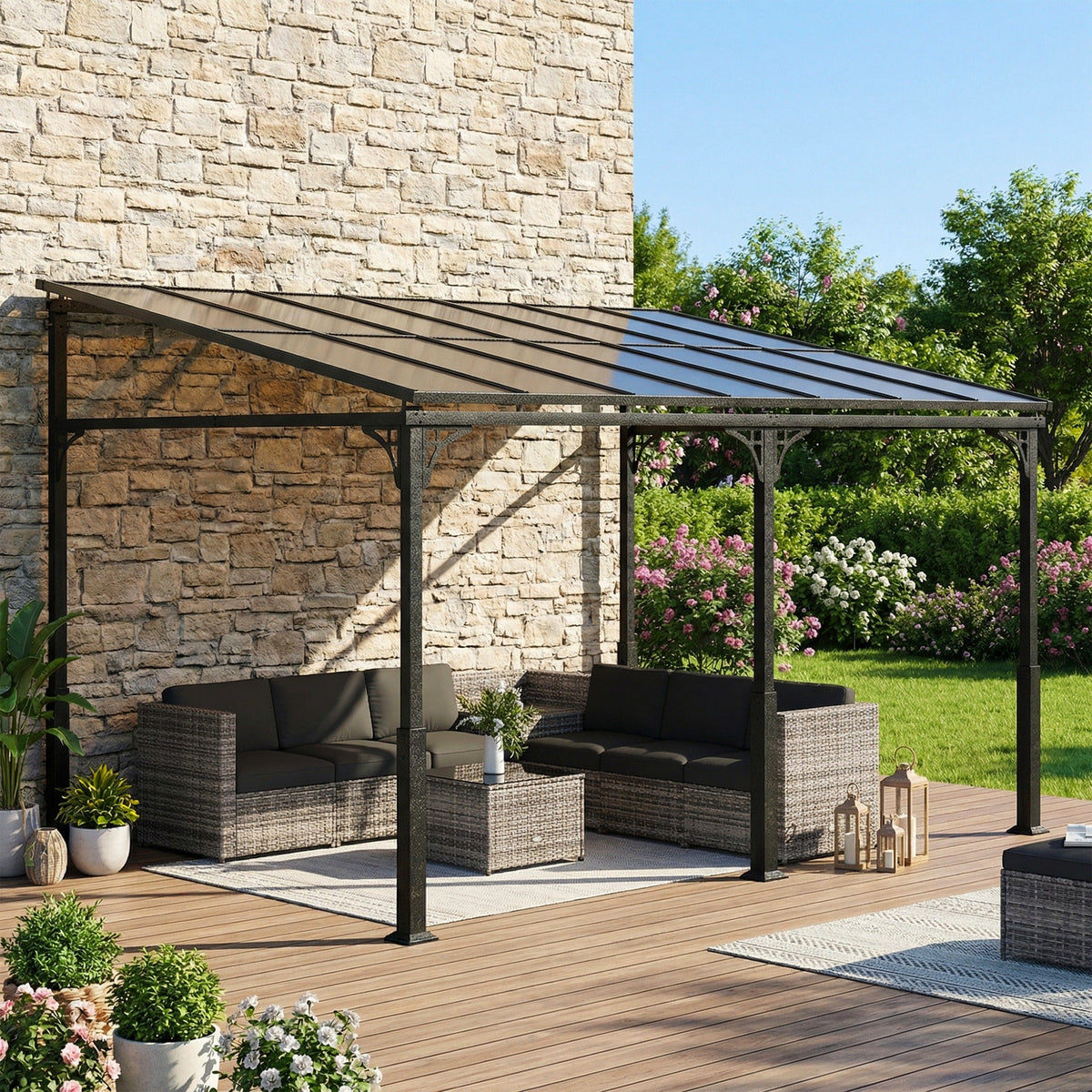 13' x 10' Lean-to Gazebo with Polycarbonate Roof, Brown — product view 4