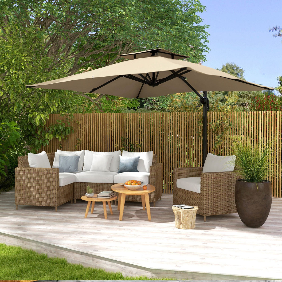 10ft Square Cantilever Patio Umbrella with 360° Rotation and Double Canopy, Khaki — product view 4