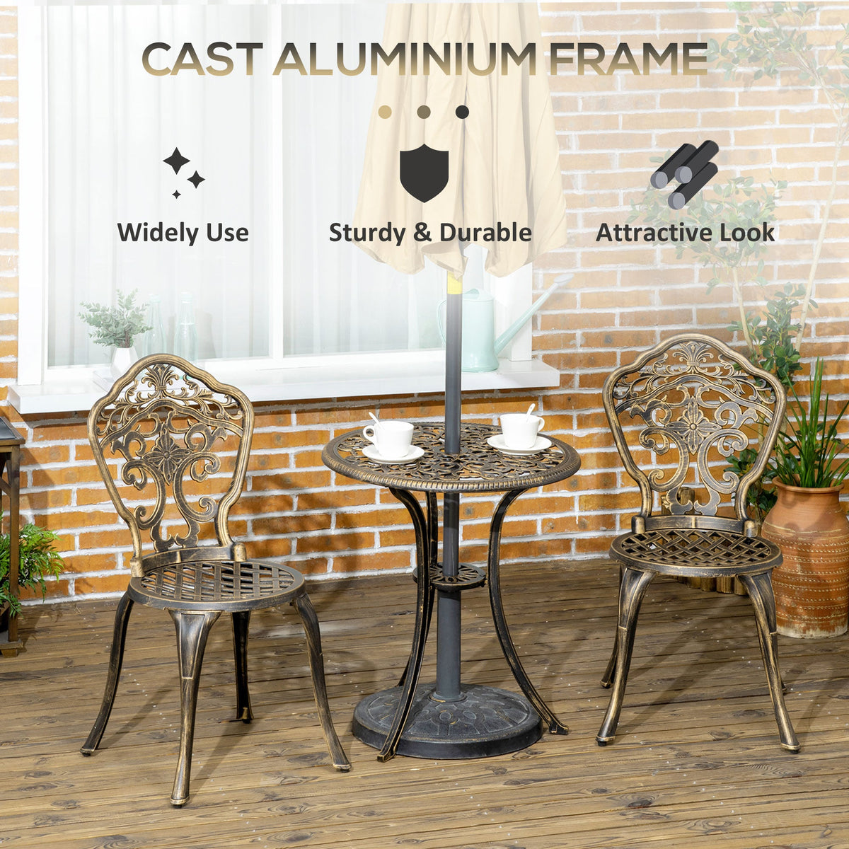 3 Piece Cast Aluminium Bistro Set with Parasol Hole, Bronze — product view 7