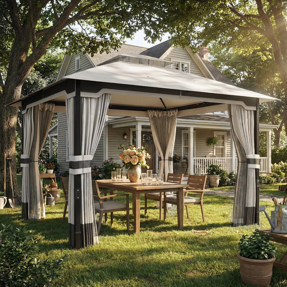 3 x 3.6 m Garden Gazebo with Double Roof, Netting & Curtains, Light Grey — product view 3