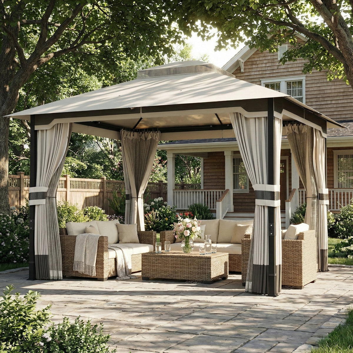 3 x 3.6 m Garden Gazebo with Double Roof, Netting & Curtains, Light Grey — product view 4