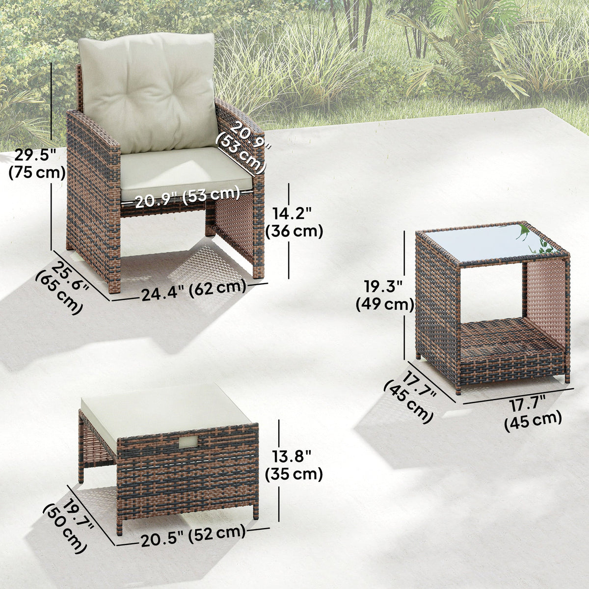 5-Piece Wicker Patio Set with Ottomans & 2-Tier Glass Coffee Table, Brown/Cream — product view 5