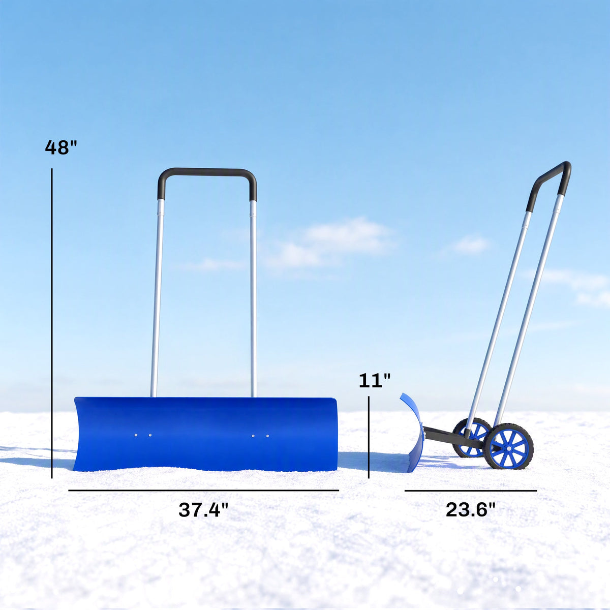 37-Inch Extra Wide Aluminum Snow Pusher with Wheels and Adjustable Handle, Blue — product view 5
