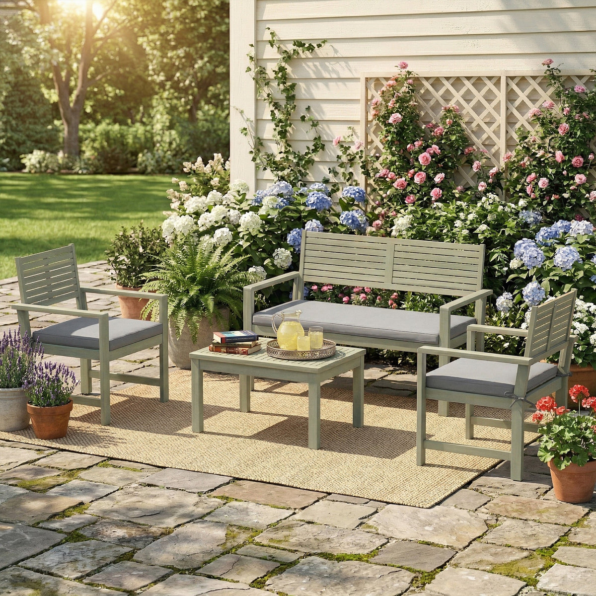4-Seater Acacia Garden Set with Loveseat, 2 Chairs & Wood Table, Light Grey — product view 4