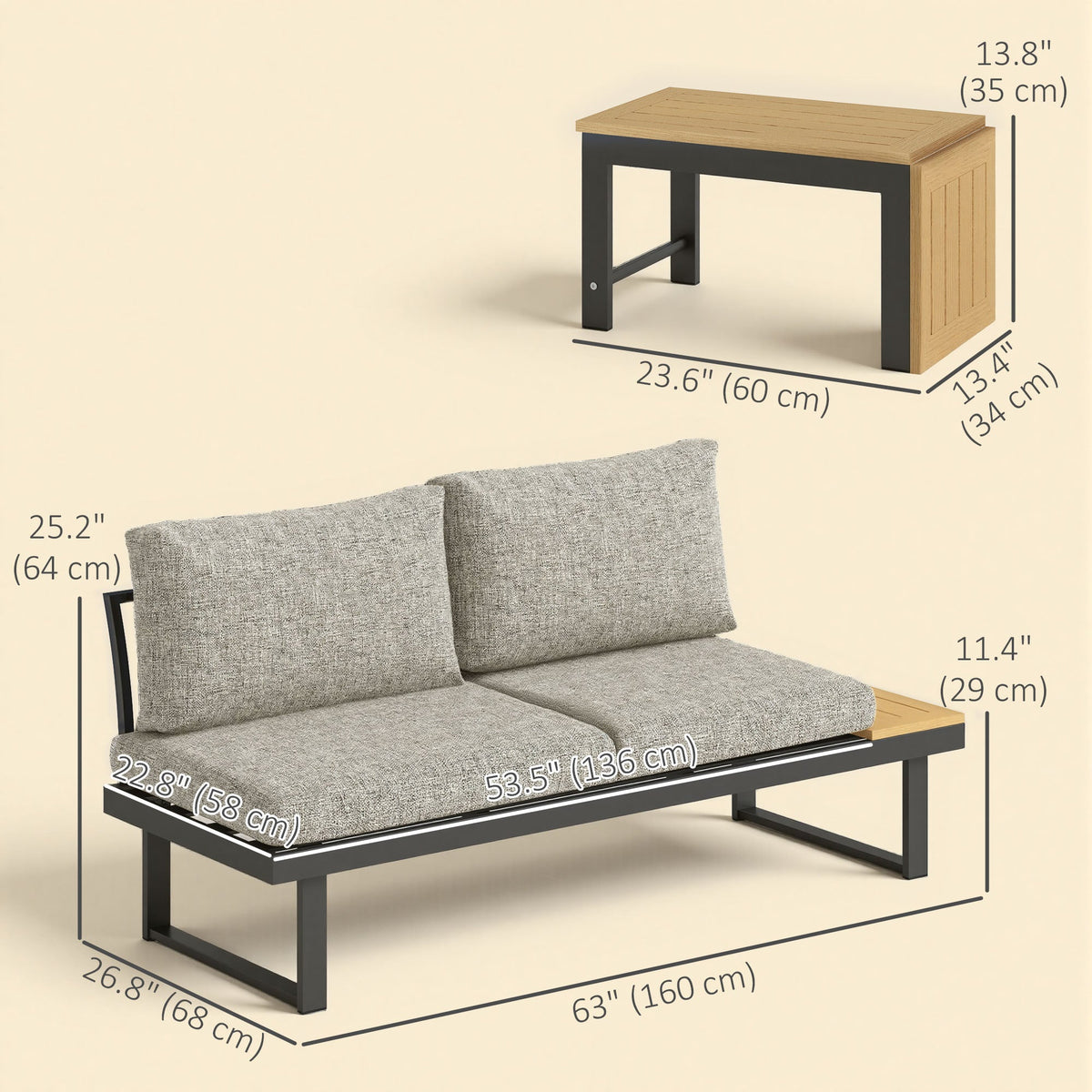 3pc Sectional Patio Set with 2 Loveseats and WPC Table, Light Grey — product view 5