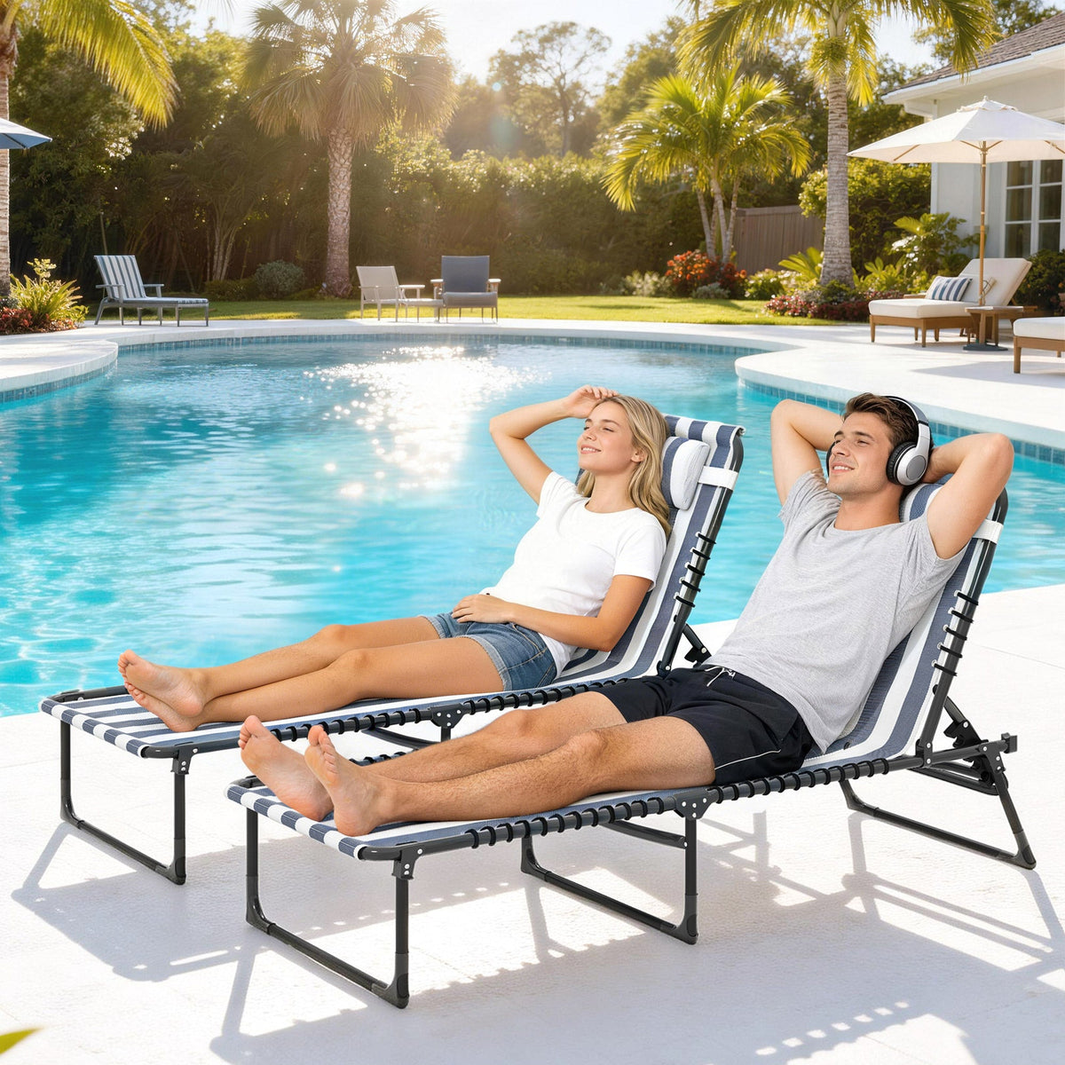 Folding Chaise Lounge Chair Set of 2 with 4-Position Reclining Back for Beach, Poolside, Yard, Blue and White — product view 4