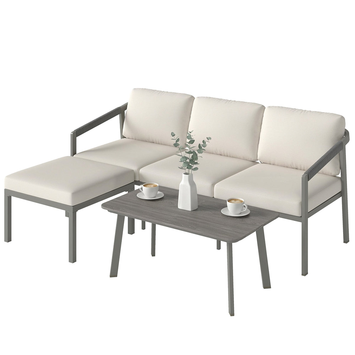 3 Piece Garden Furniture Set with Sofa, Footstool and Coffee Table, Grey — product view 1