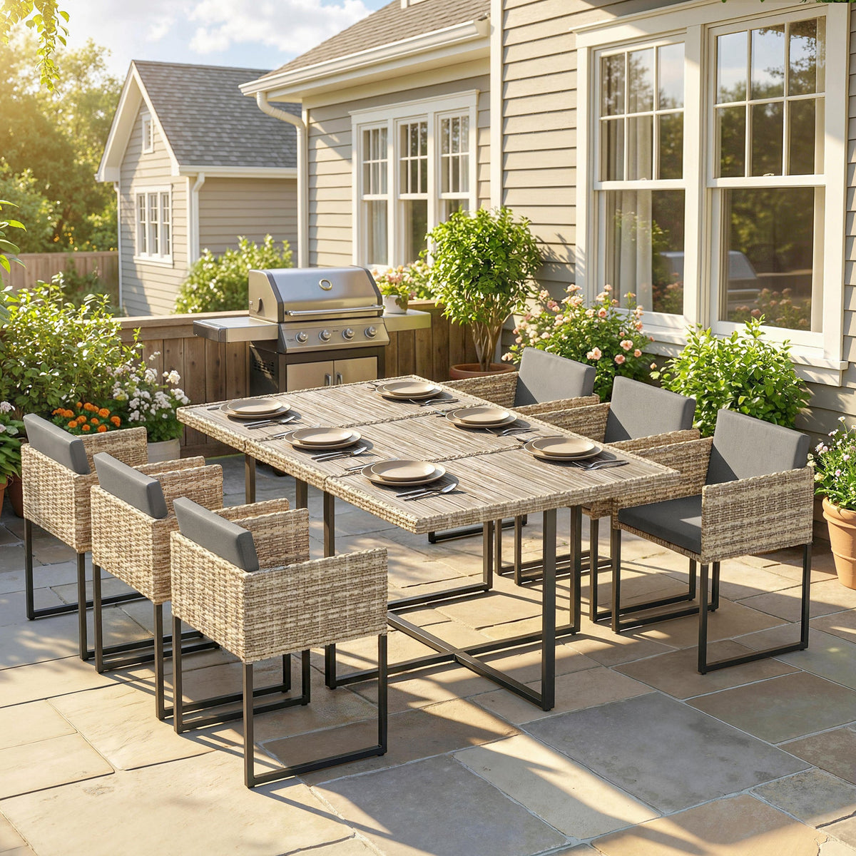 7-Piece Light Brown Rattan Dining Set with WPC Table, 6 Chairs & 12 Cushions — product view 3