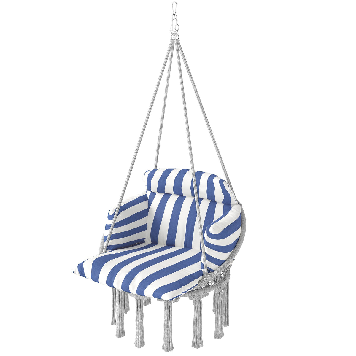 Macrame Hammock Swing Chair with Cushion, Blue and White — product view 2