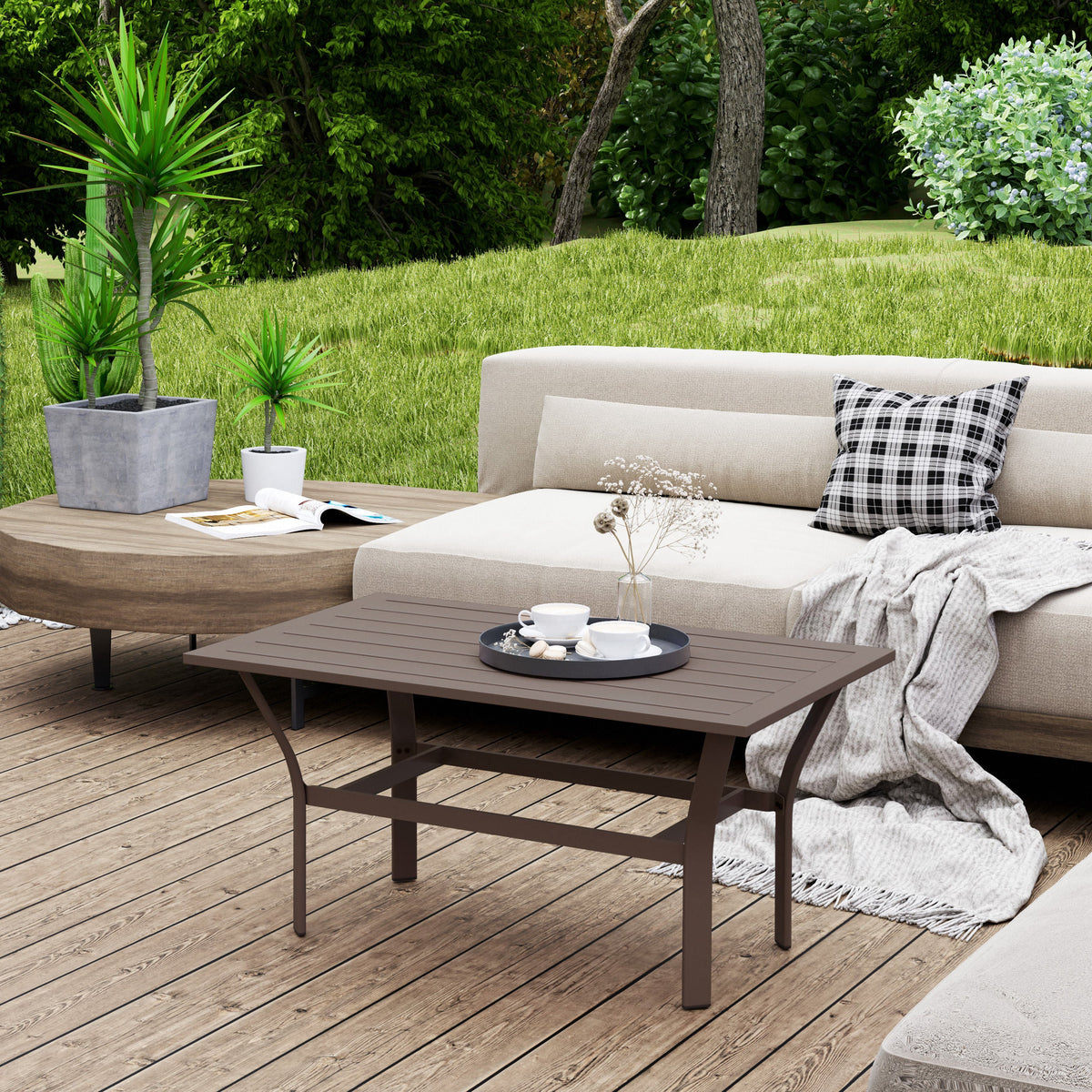 Outdoor Metal Coffee Table with Slatted Top, Brown — product view 3