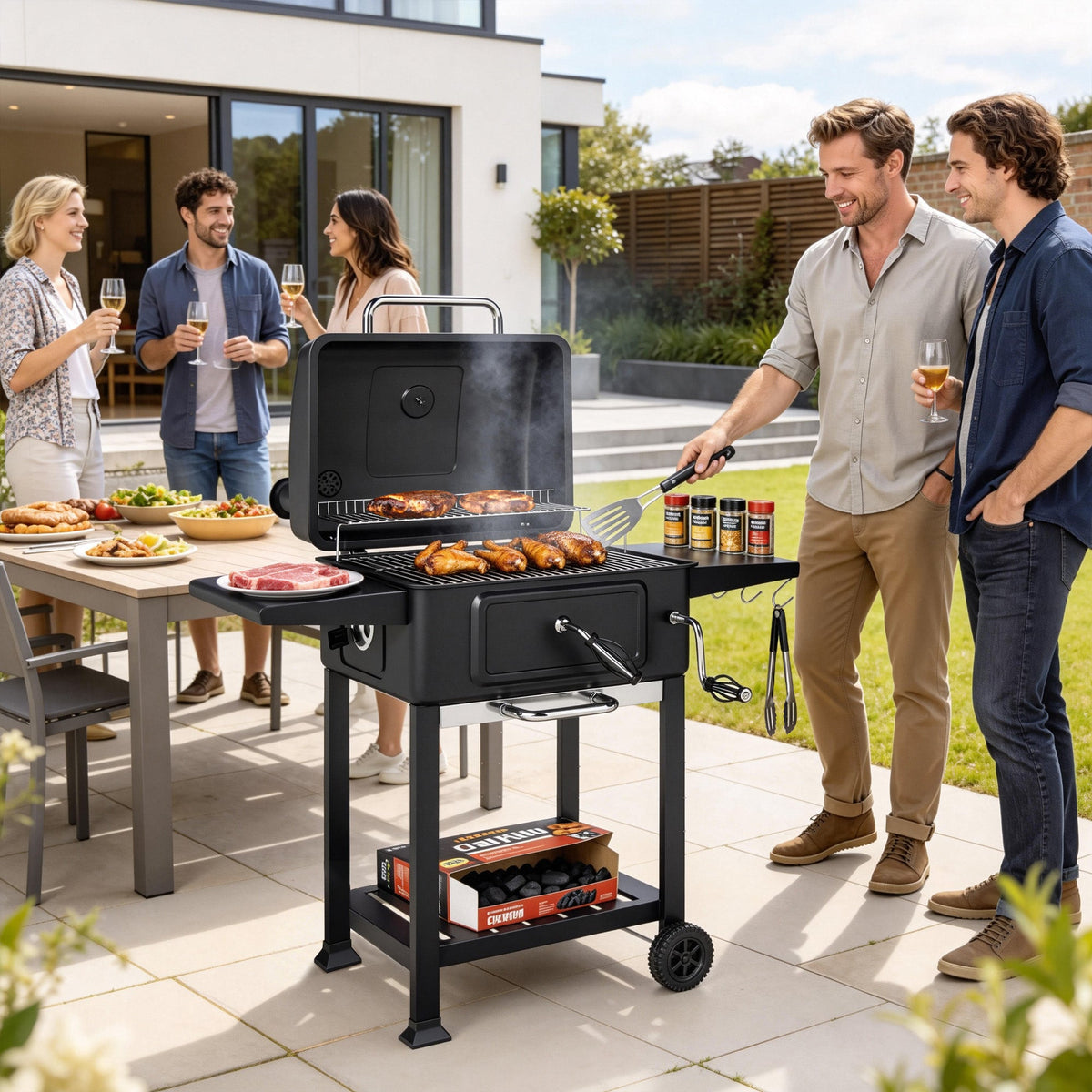 Charcoal BBQ Grill with Adjustable Pan, Side Tables and Chimney, Black — product view 3
