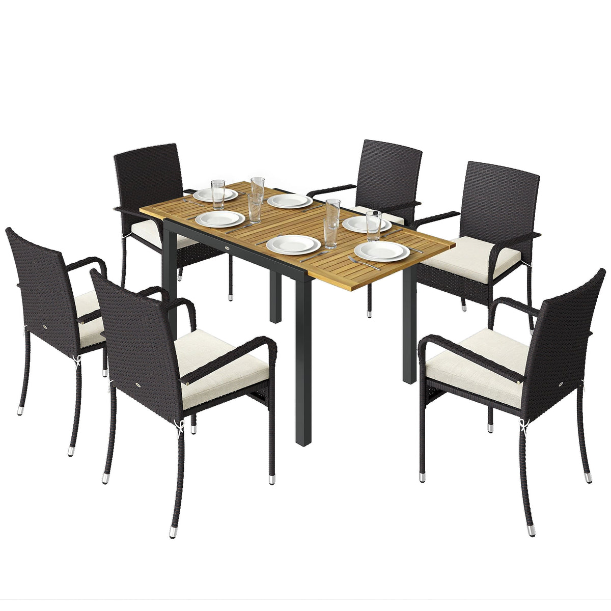 7-Piece Rattan 6-Seater Dining Set with Acacia Top and Cushions, Cream White — product view 2