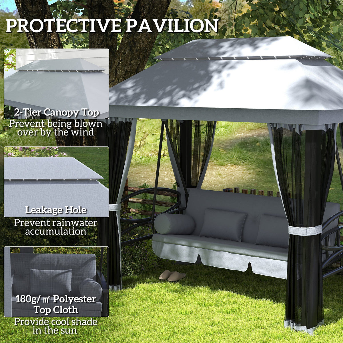 3-Seat Patio Swing Chair with Mesh Sidewalls, Gray — product view 7