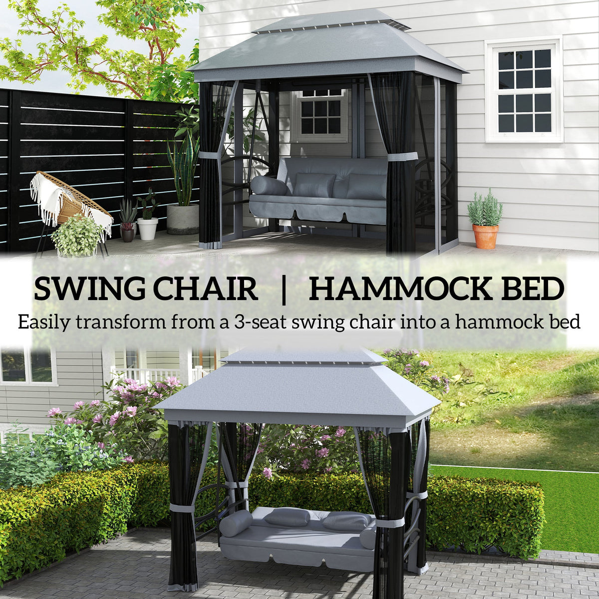 3-Seat Patio Swing Chair with Mesh Sidewalls, Gray — product view 6