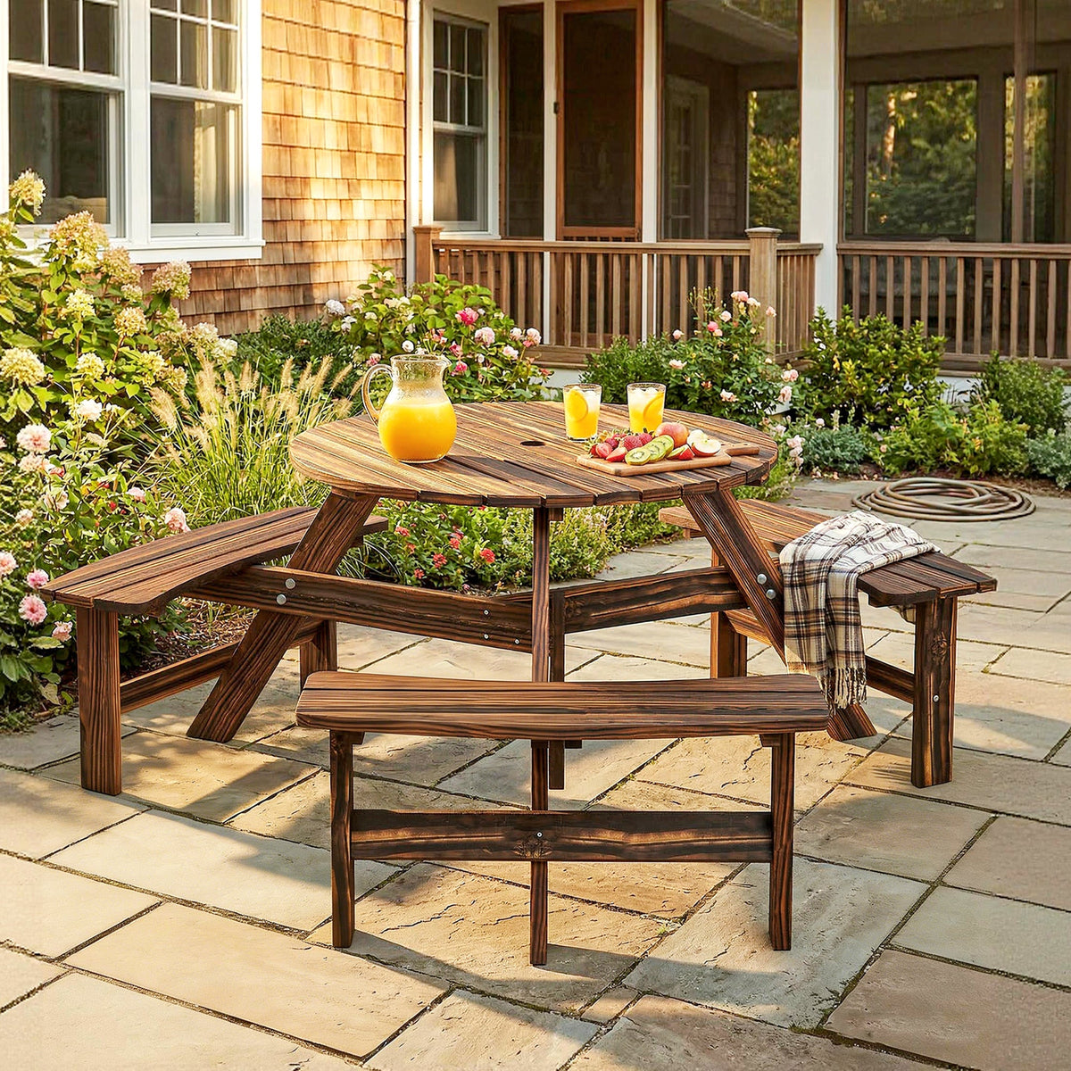 6 Seater Wooden Garden Picnic Table Set with Matching Bench, Carbonized — product view 3