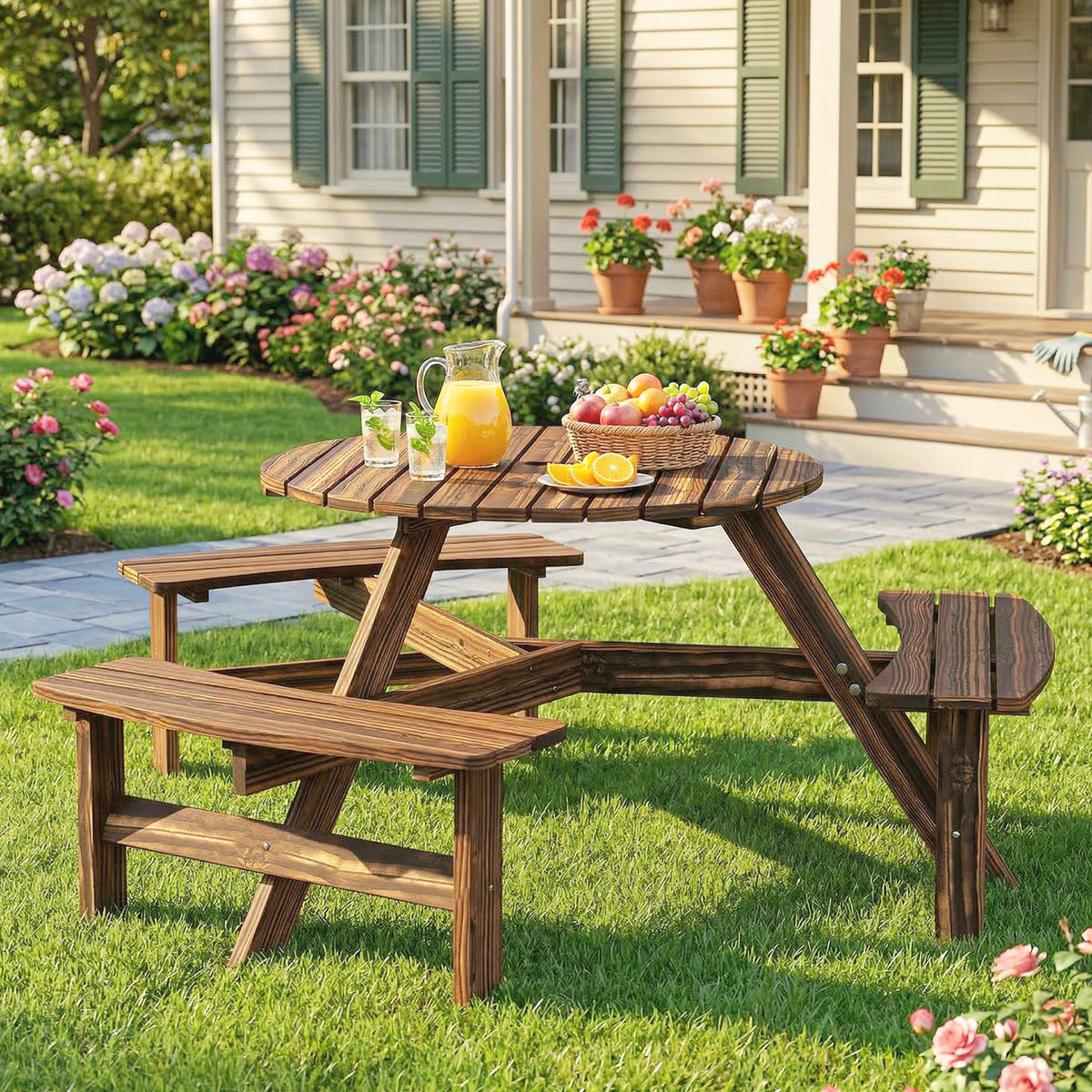 6 Seater Wooden Garden Picnic Table Set with Matching Bench, Carbonized — product view 4