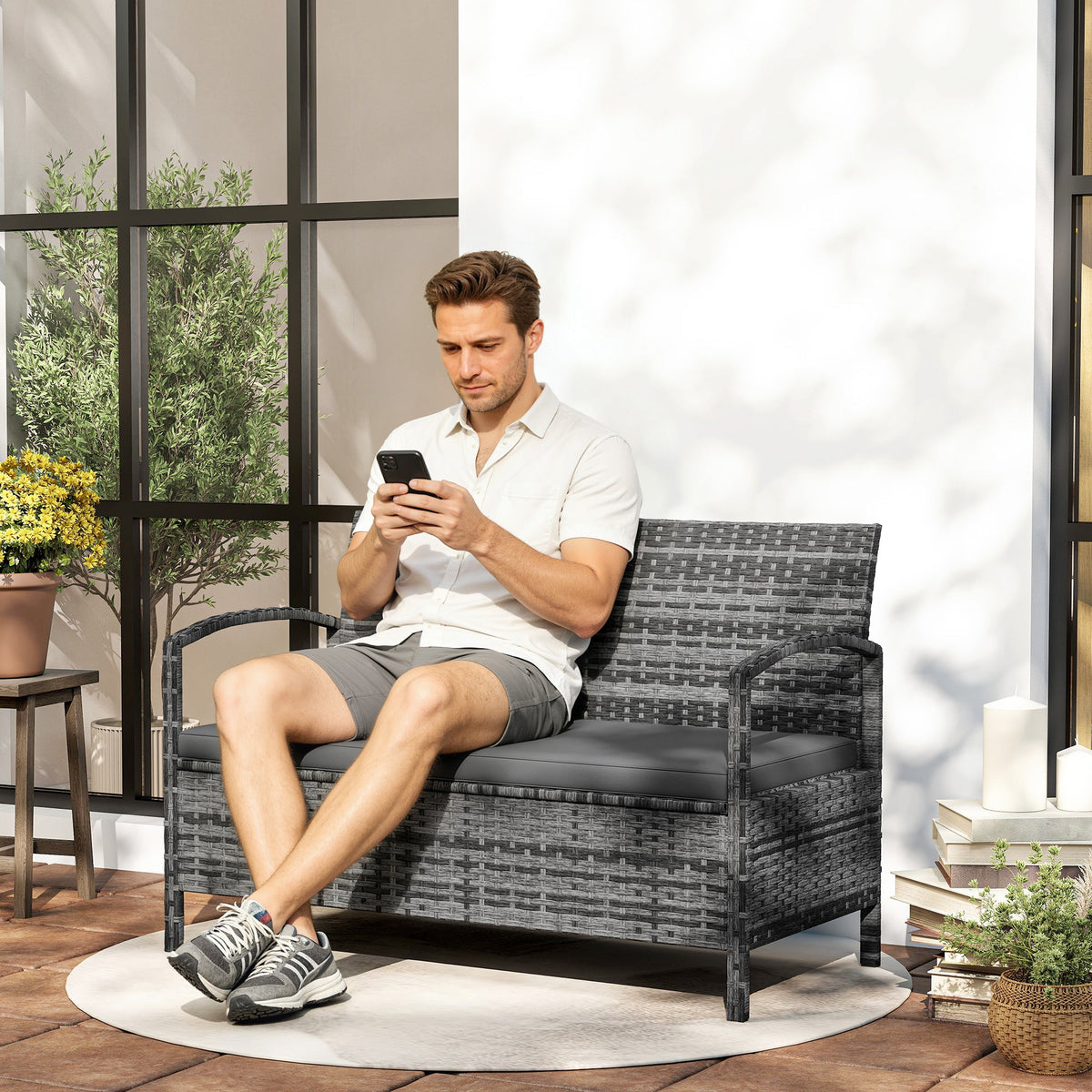 33 Gallon Wicker Outdoor Storage Bench with Cushion, Grey — product view 4