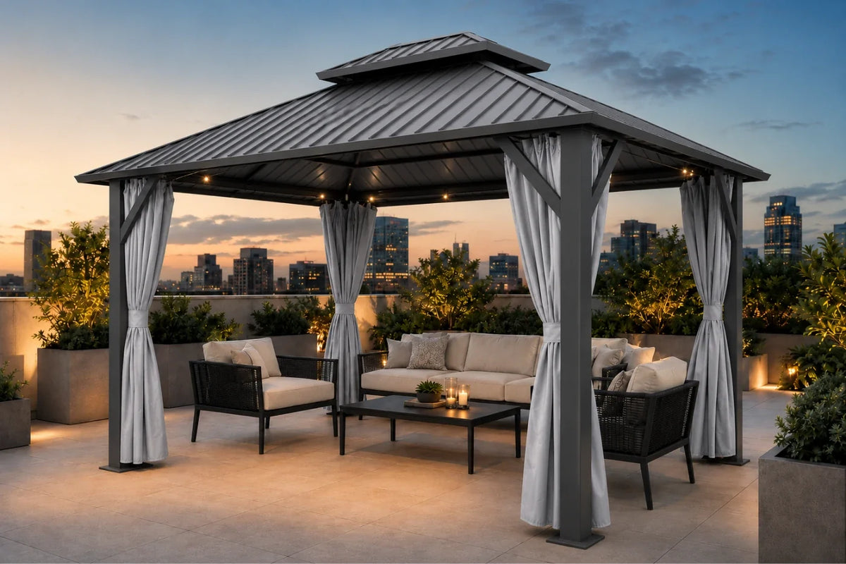 Luxor™ Hardtop Gazebo with Netting and Curtains — product view 2
