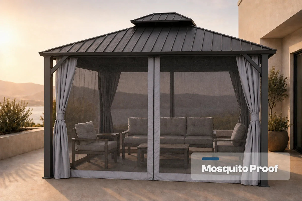 Luxor™ Hardtop Gazebo with Netting and Curtains — product view 7