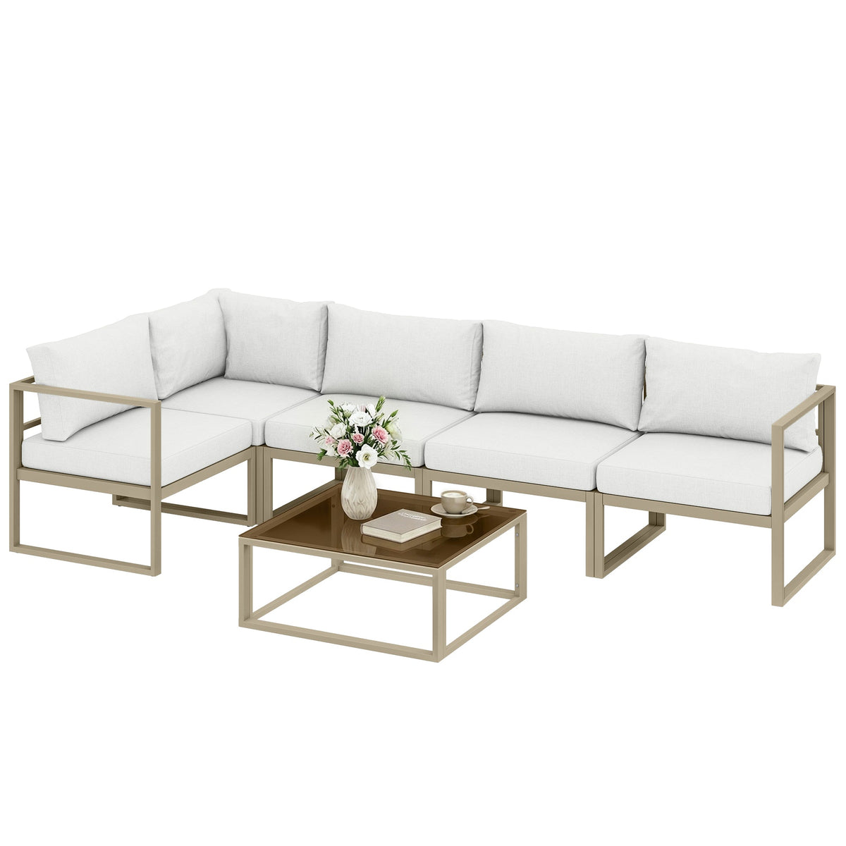 6 Seater Aluminium Garden Sofa Set with Coffee Table, White — product view 1