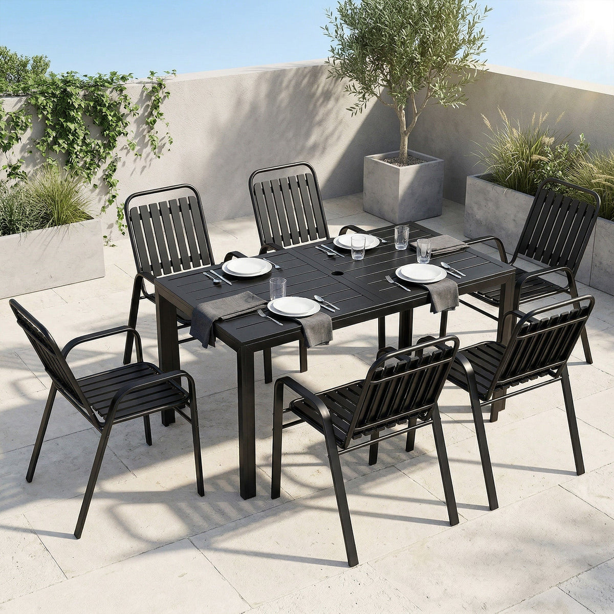 7 Piece Garden Dining Set with Stackable Chairs and Umbrella Hole, Black — product view 3