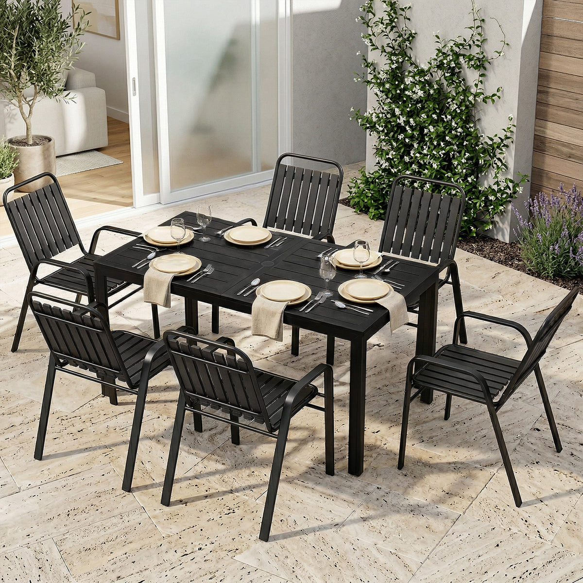 7 Piece Garden Dining Set with Stackable Chairs and Umbrella Hole, Black — product view 4