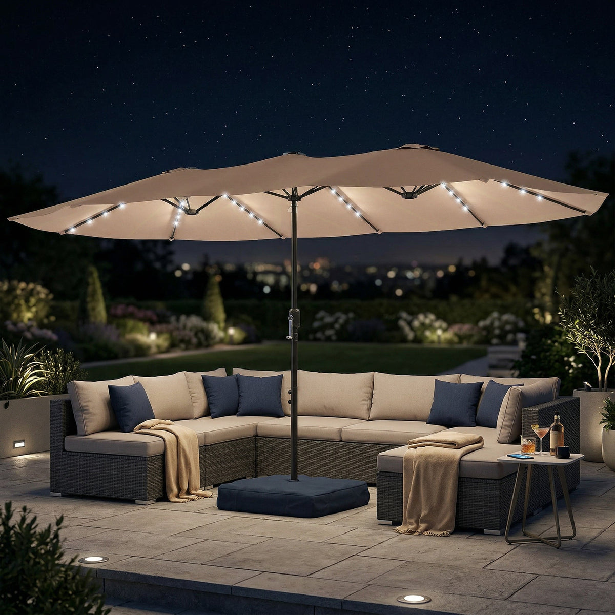 4.5 m Double-Sided Garden Parasol with LED Lights, Base & Sandbags, Khaki — product view 3