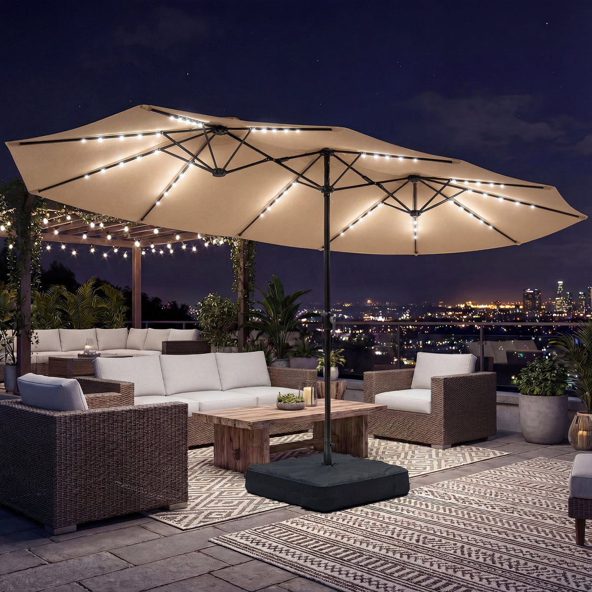 4.5 m Double-Sided Garden Parasol with LED Lights, Base & Sandbags, Khaki — product view 4