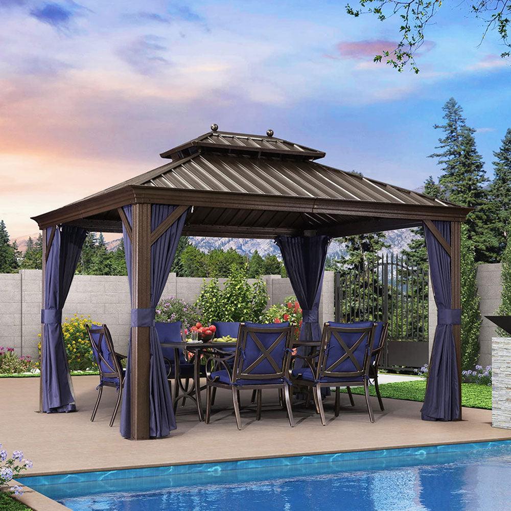 PURPLE LEAF Outdoor Hardtop Gazebo for Patio Bronze Aluminum Frame Pavilion with Navy-Blue Curtain and Reinforced Support Rods — product view 5