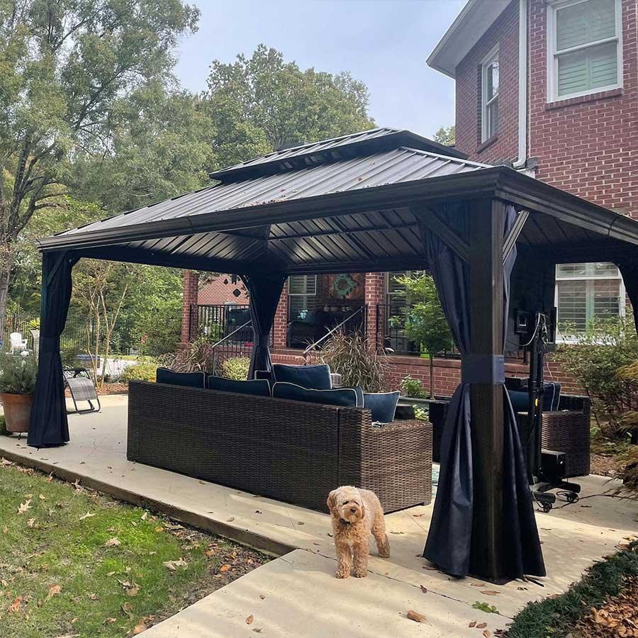 PURPLE LEAF Outdoor Hardtop Gazebo for Patio Bronze Aluminum Frame Pavilion with Navy-Blue Curtain and Reinforced Support Rods — product view 3