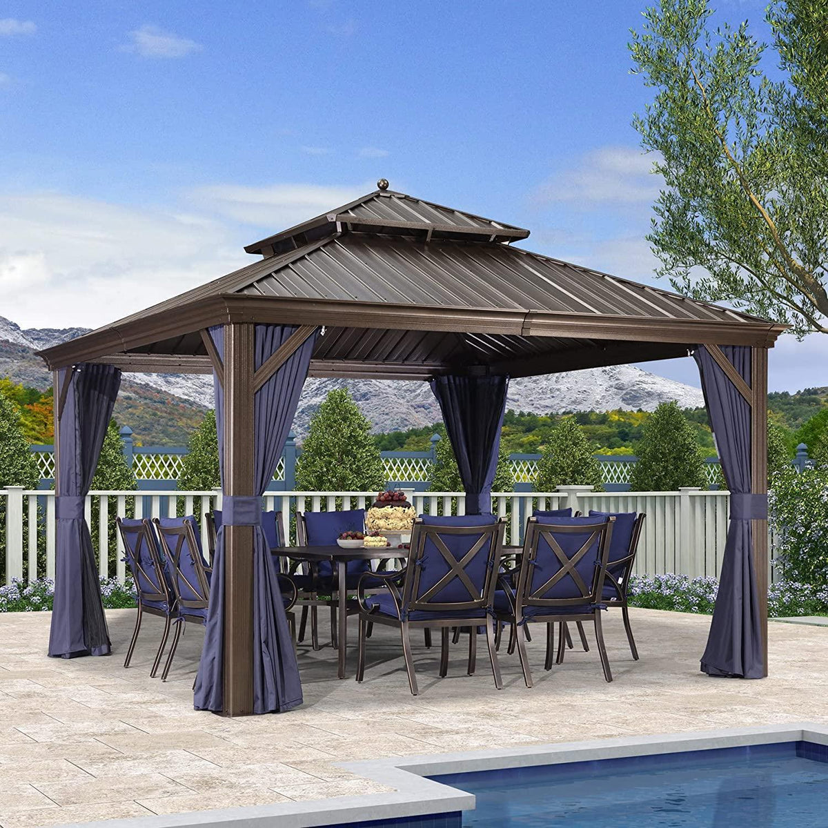 PURPLE LEAF Outdoor Hardtop Gazebo for Patio Bronze Aluminum Frame Pavilion with Navy-Blue Curtain and Reinforced Support Rods — product view 7