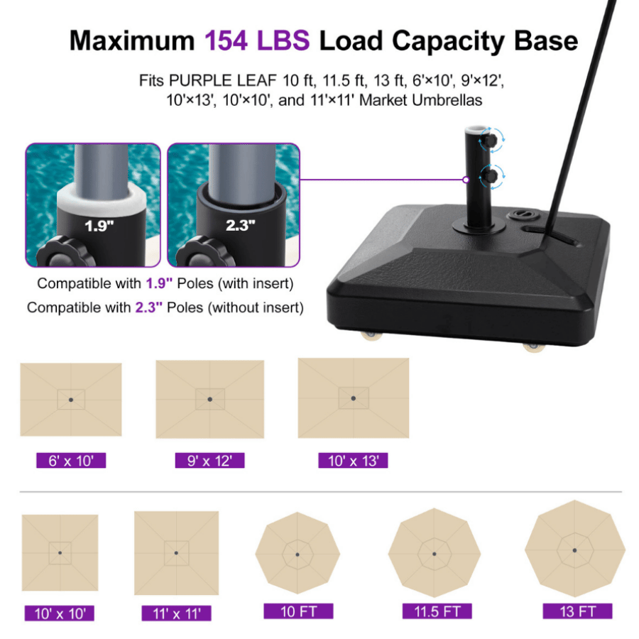 PURPLE LEAF Pull-to-Roll Wheeled Weighted Stand, 154 lbs Heavy-Duty Base for Outdoor Patio Market Umbrellas — product view 7
