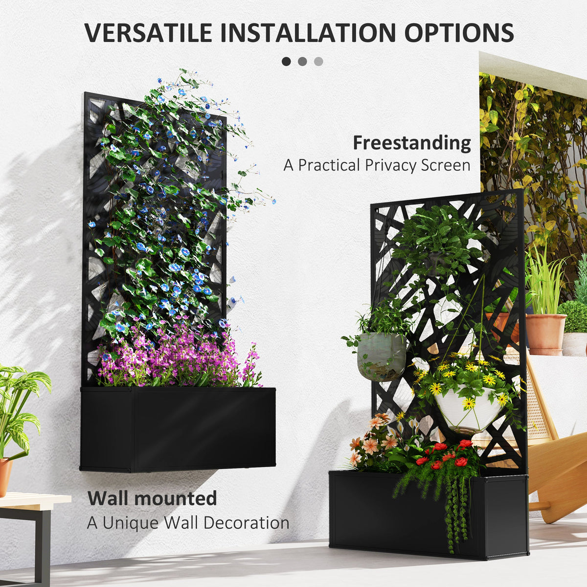 Metal Raised Garden Bed with Trellis Privacy Panel, Leaves Cut-Out — product view 7