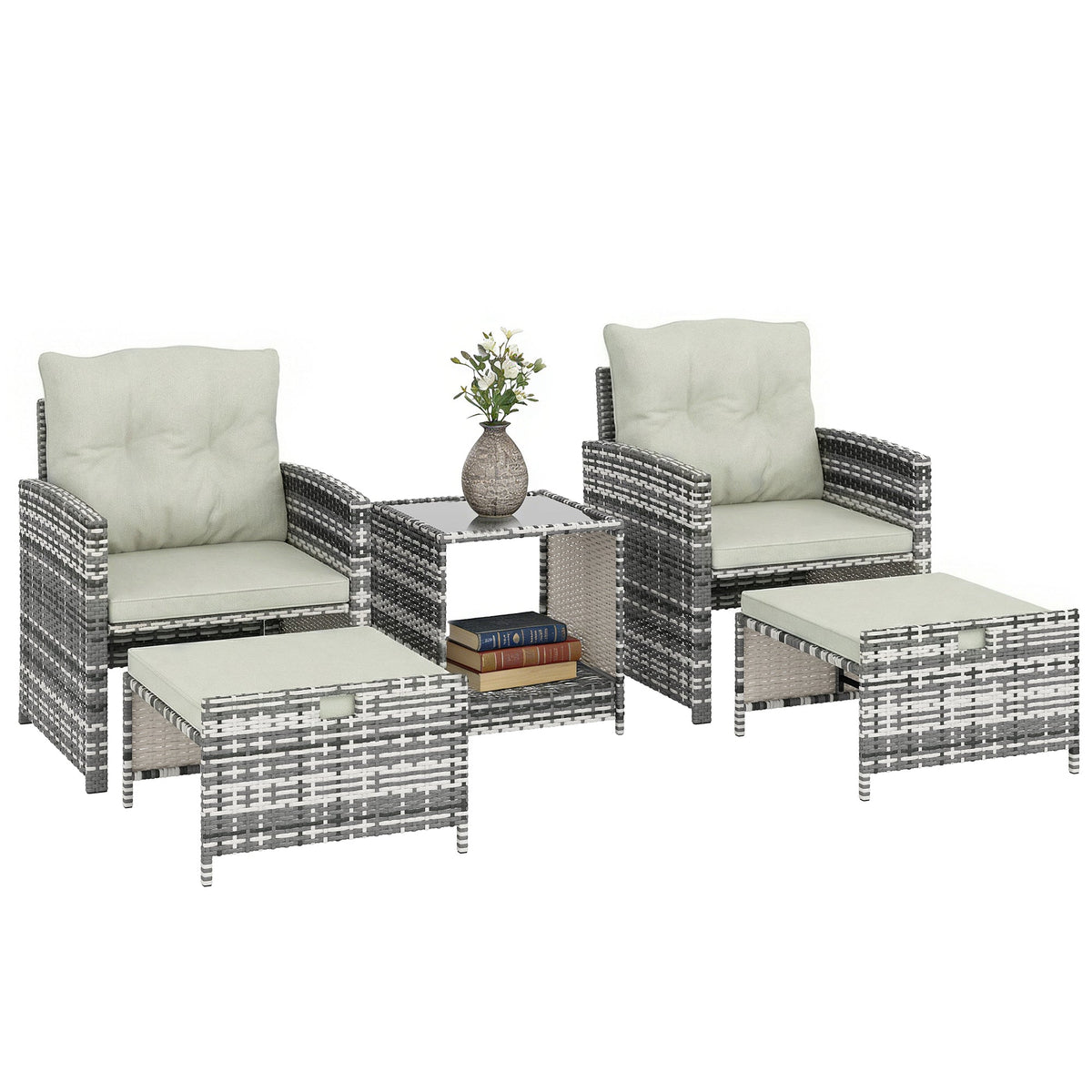 5-Piece Rattan Patio Set with Ottomans and 2-Tier Glass Coffee Table, Grey Cream — product view 1