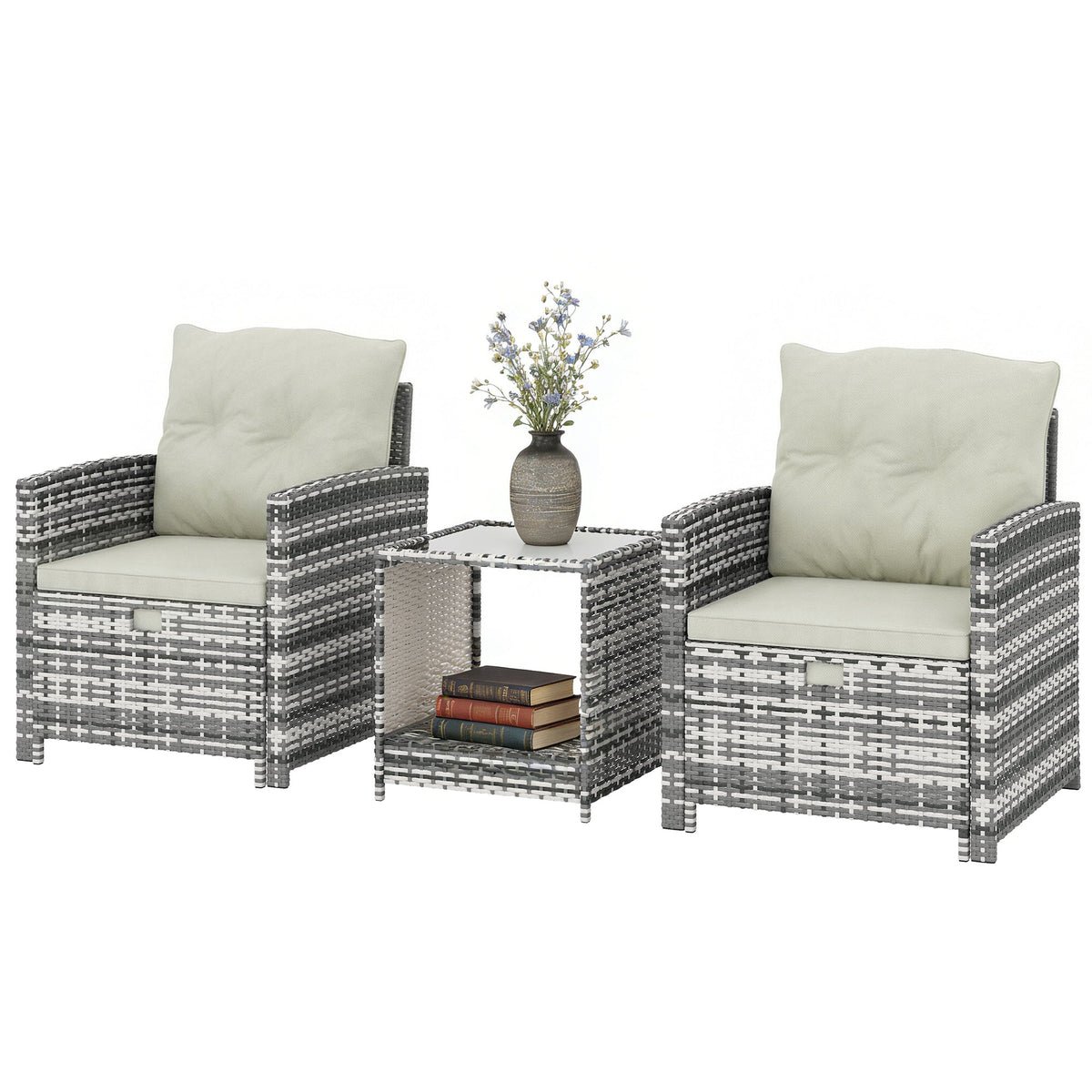 5-Piece Rattan Patio Set with Ottomans and 2-Tier Glass Coffee Table, Grey Cream — product view 2