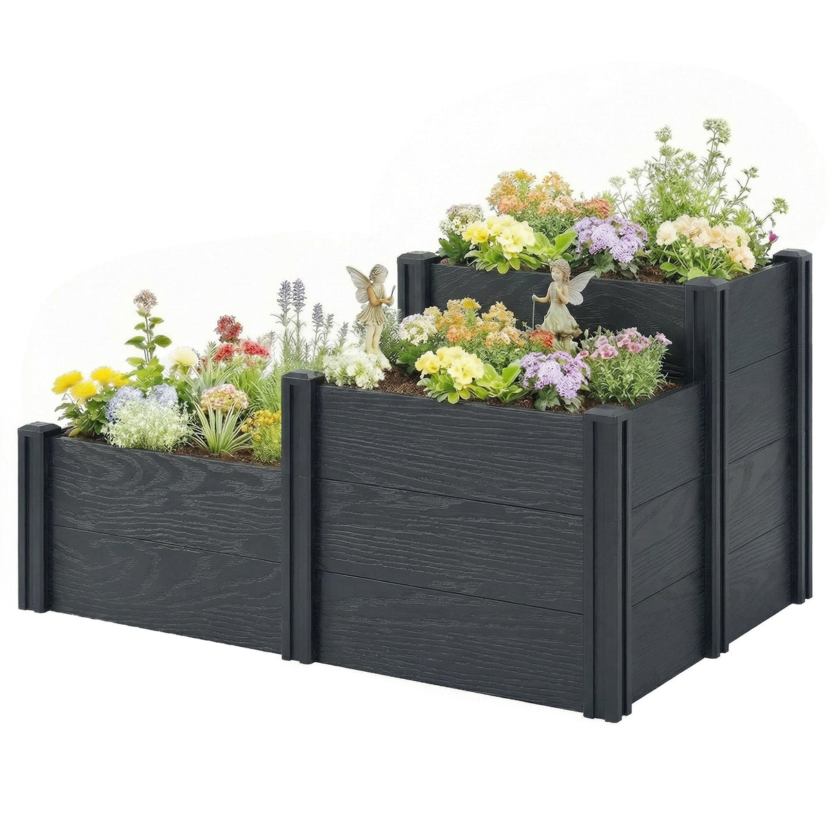 3-Tier Vinyl Raised Garden Bed with Open Bottom, Grey Wood Effect — product view 2