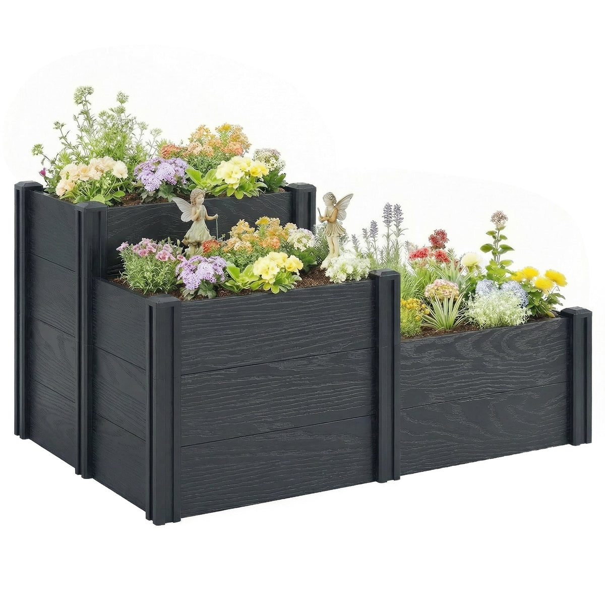 3-Tier Vinyl Raised Garden Bed with Open Bottom, Grey Wood Effect — product view 1