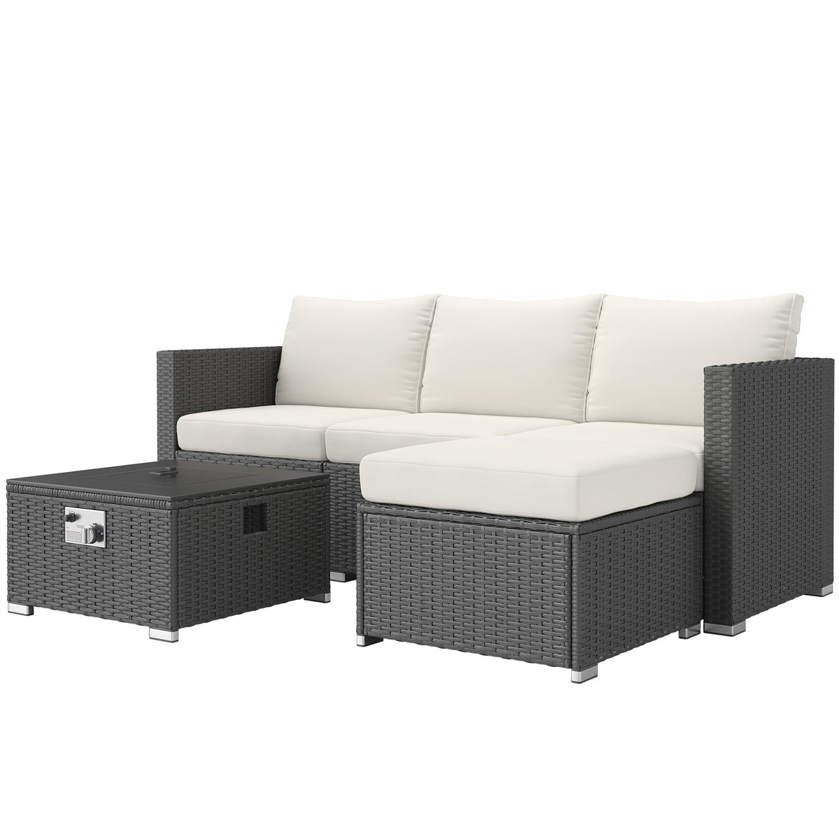 5 Piece Rattan Garden Furniture Set with Gas Fire Pit Table & Footstool, Black/Cream — product view 2