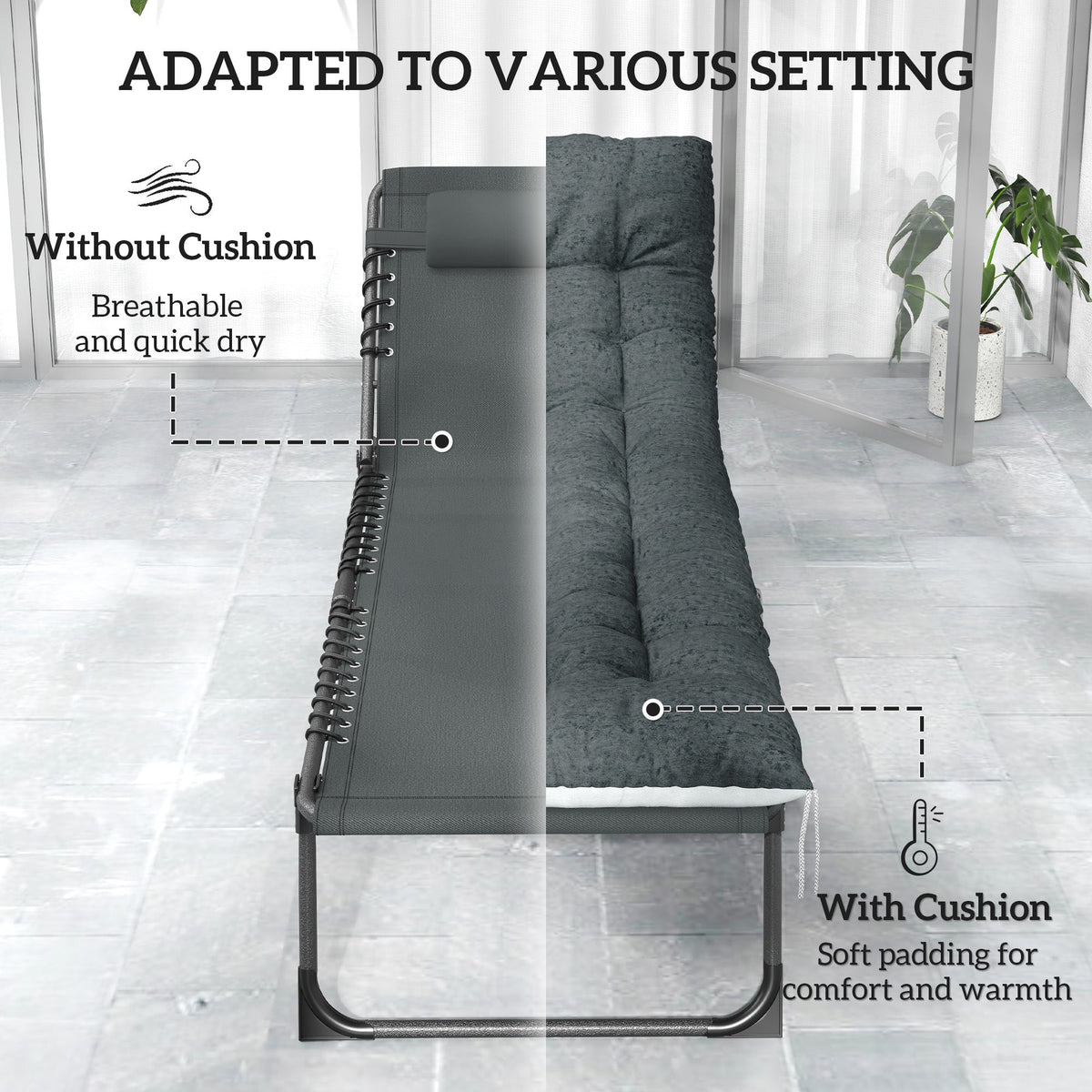 Set of 2 Folding Lounge Chairs with Cushion and Side Pocket, Grey — product view 7