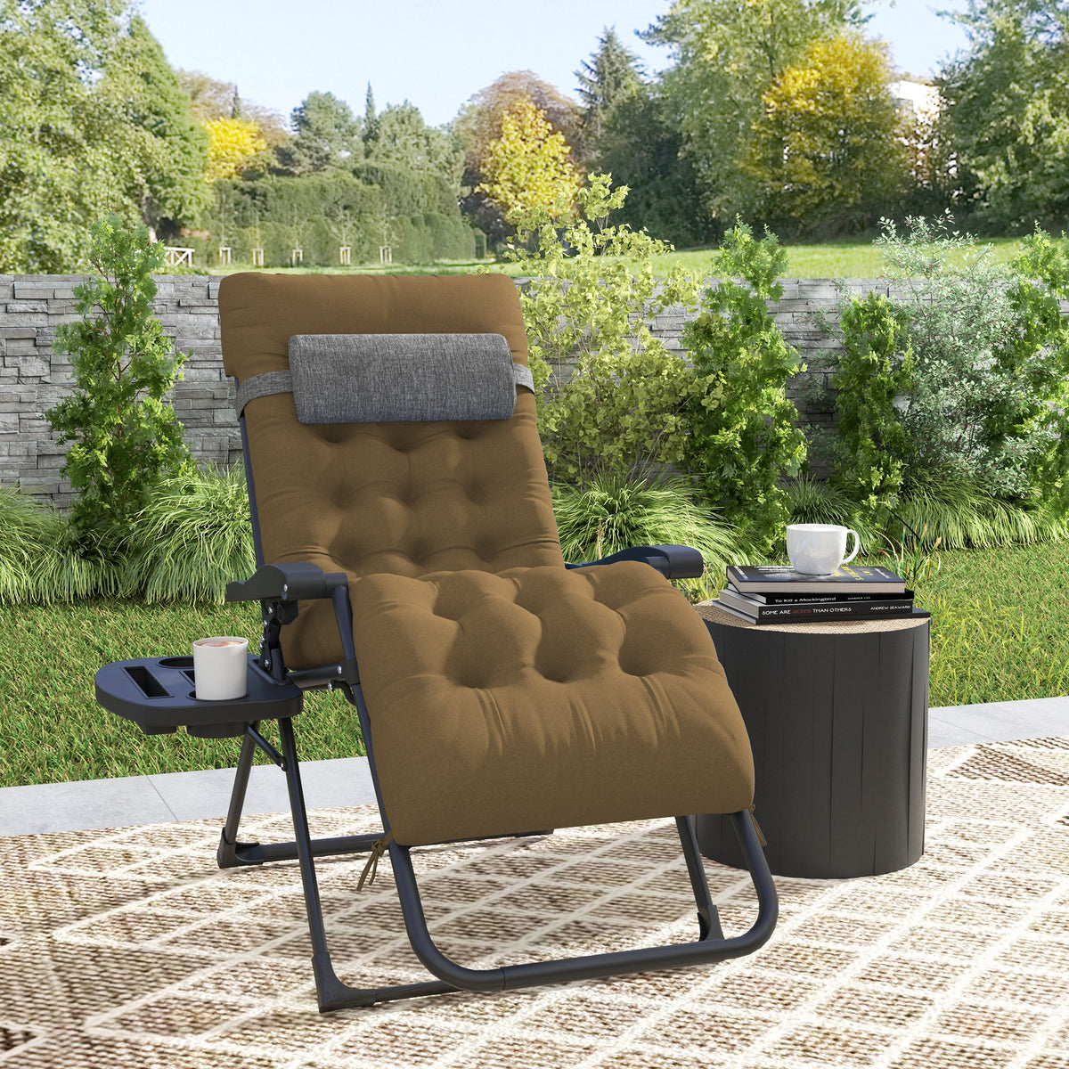 Padded Zero Gravity Chair with Cup Holder and Cushion, Light Khaki — product view 4