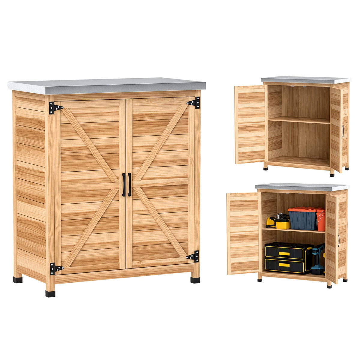 Garden Storage Cabinet with Metal Top, Shelf and Double Doors, Natural — product view 1