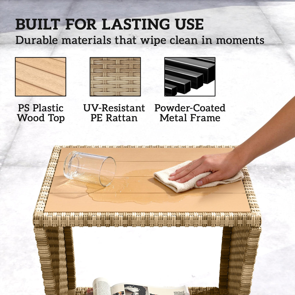 2-Tier PE Rattan Side Table with Storage Shelf, Khaki — product view 7
