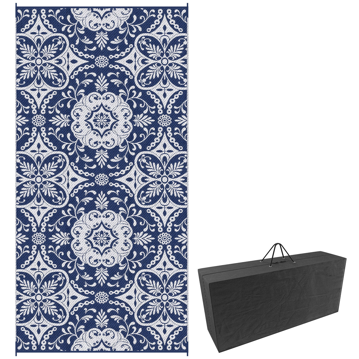 9' x 18' Reversible Outdoor Rug, Blue & White Floral — product view 1